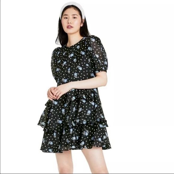 Sandy Liang X Target Floral Print Short Puff Sleeve Tiered Polka Dot Mini Dress - Picture 1 of 5